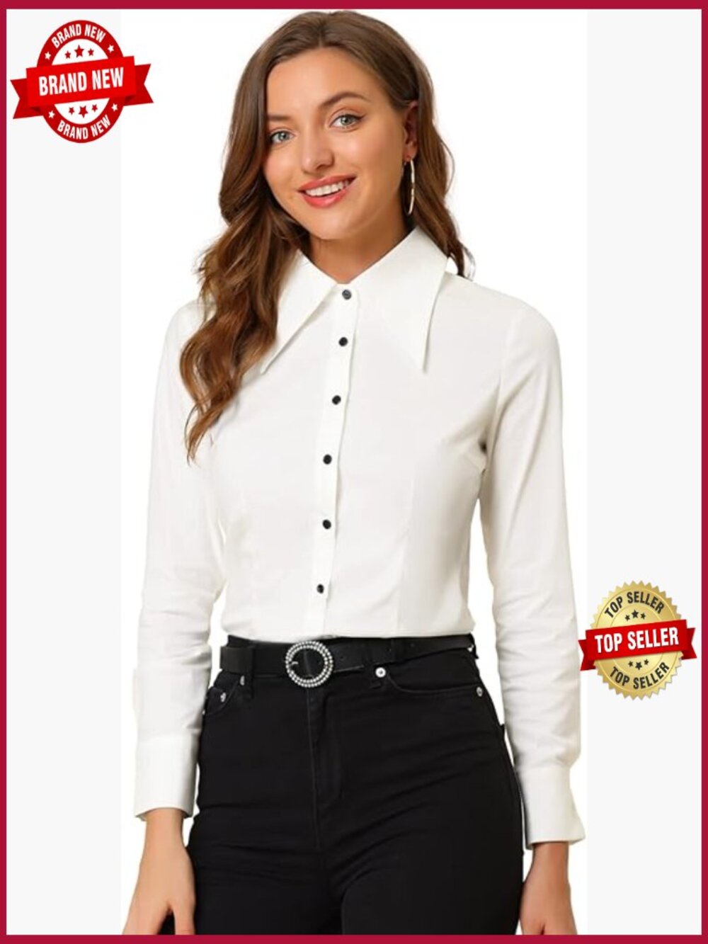 Point Collar Button Down Shirt Work Office Long Sleeve Top Blouse